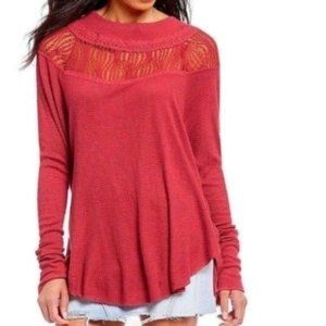 Free People Fuchsia Lace Inset Raw Edge Thermal Boho Long Sleeve Top
